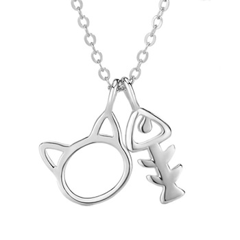 Cute Cat Head Fish Bone 925 Sterling Silver Necklace