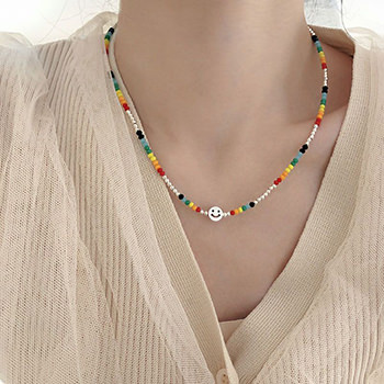 Rainbow Colordul Beads Smile 925 Sterling Silver Necklace