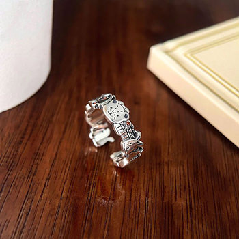 Vintage Animal World Rabbit Bear Tiger 925 Sterling Silver Adjustable Ring