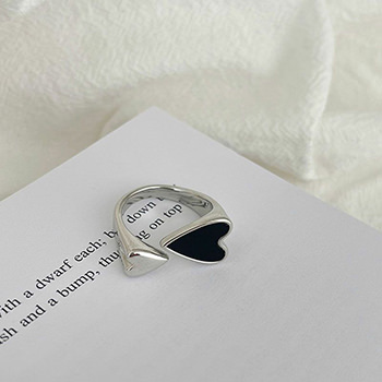 Modern Black Heart Love 925 Sterling Silver Adjustable Ring