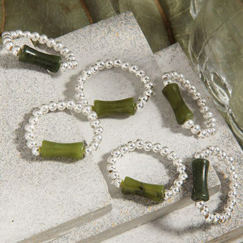 Fashion Green Bamboo Slub Beads 925 Sterling Silver Ring