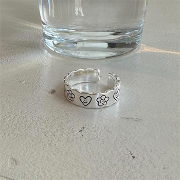 Vintage Smile Heart Flower Pattern 925 Sterling Silver Adjustable Ring