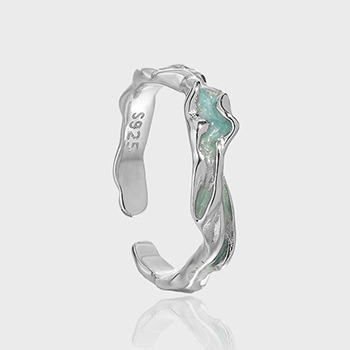 Fashion Irregular Green Epoxy River 925 Sterling Silver Adjustable Ring