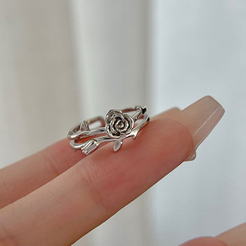 Women Rose Flower 925 Sterling Silver Adjustable Ring