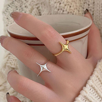 Fashion Shining Four Pointed Star 925 Sterling Silver Adjustable Ring