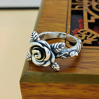 Vintage Women Rose Flower 925 Sterling Silver Adjustable Ring