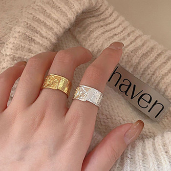 Holiday Wide Irregular Golden Foil Pattern 925 Sterling Silver Adjustable Ring