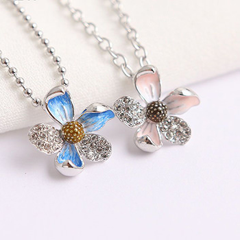 Blue/Pink Enamel Cubic Zirconia Narcissus Flower 925 Silver Pendant