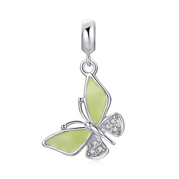 Green/Yellow Enamel Butterfly Cubic Zirconia 925 Sterling Silver Pendant