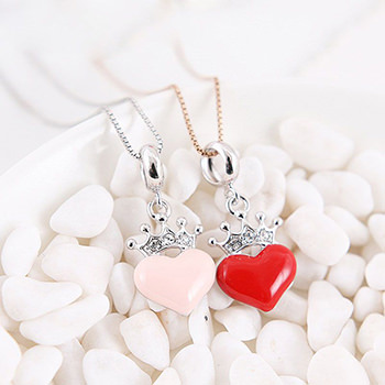 Red/Pink Enamel Cubic Zirconia Crown Heart 925 Silver Pendant