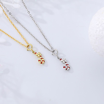 Christmas Gift Cane Candy 925 Sterling Silver Pendant Chain Necklace