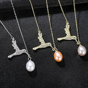 Cute Flying CZ Bird Oval Natural Pearl 925 Sterling Silver Necklace